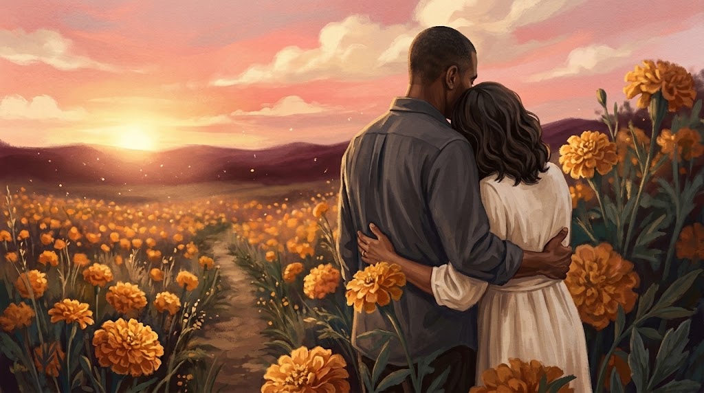Ilustración de dos adultos abrazándose entre flores al atardecer.