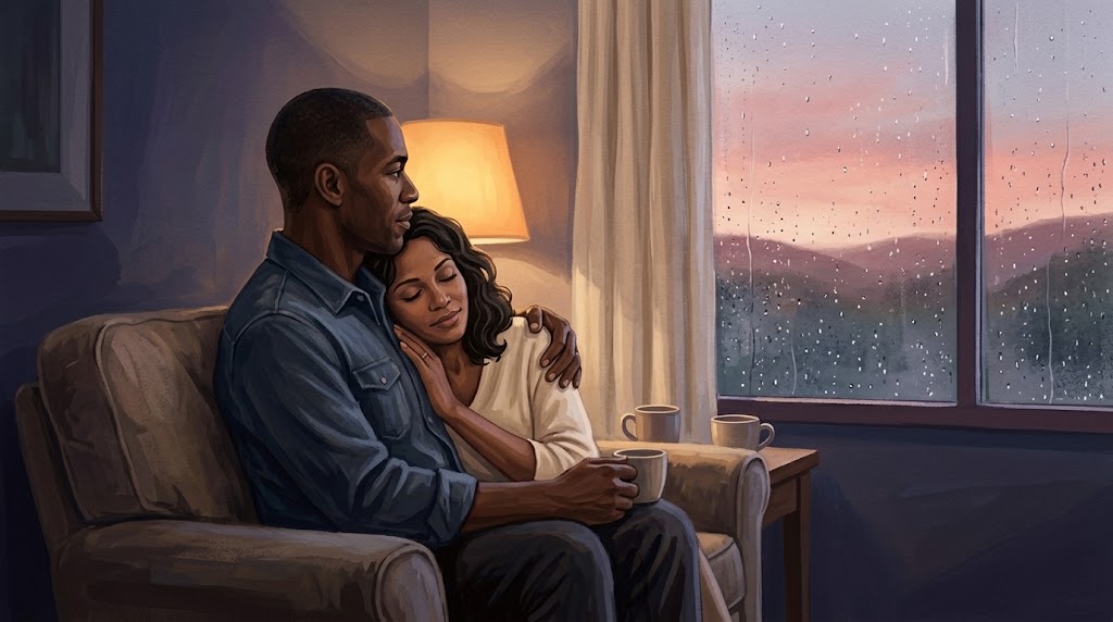 Ilustración de dos adultos descansando juntos junto a una ventana con lluvia.